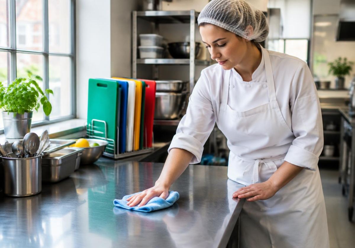 Chef wiping down a clean stainless steel counter in a small café kitchen