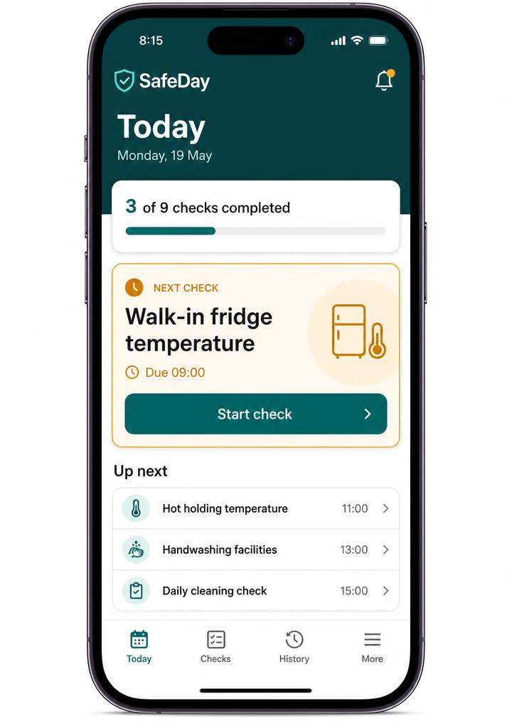 The SafeDay Today screen on a phone, showing the next food safety check and today's progress
